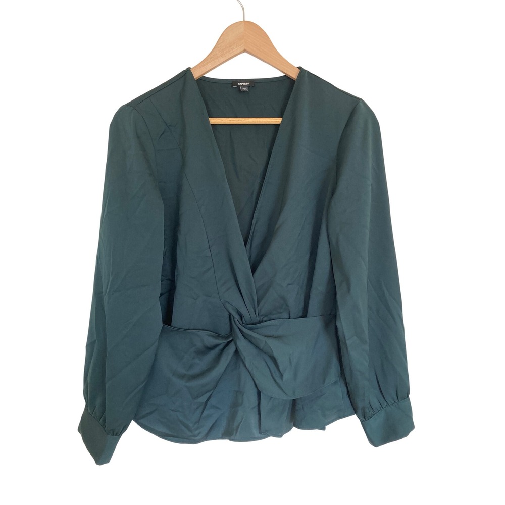 Express Womens Dark Forest Green Twist Front V-Neck Long Sleeve Blouse Size M